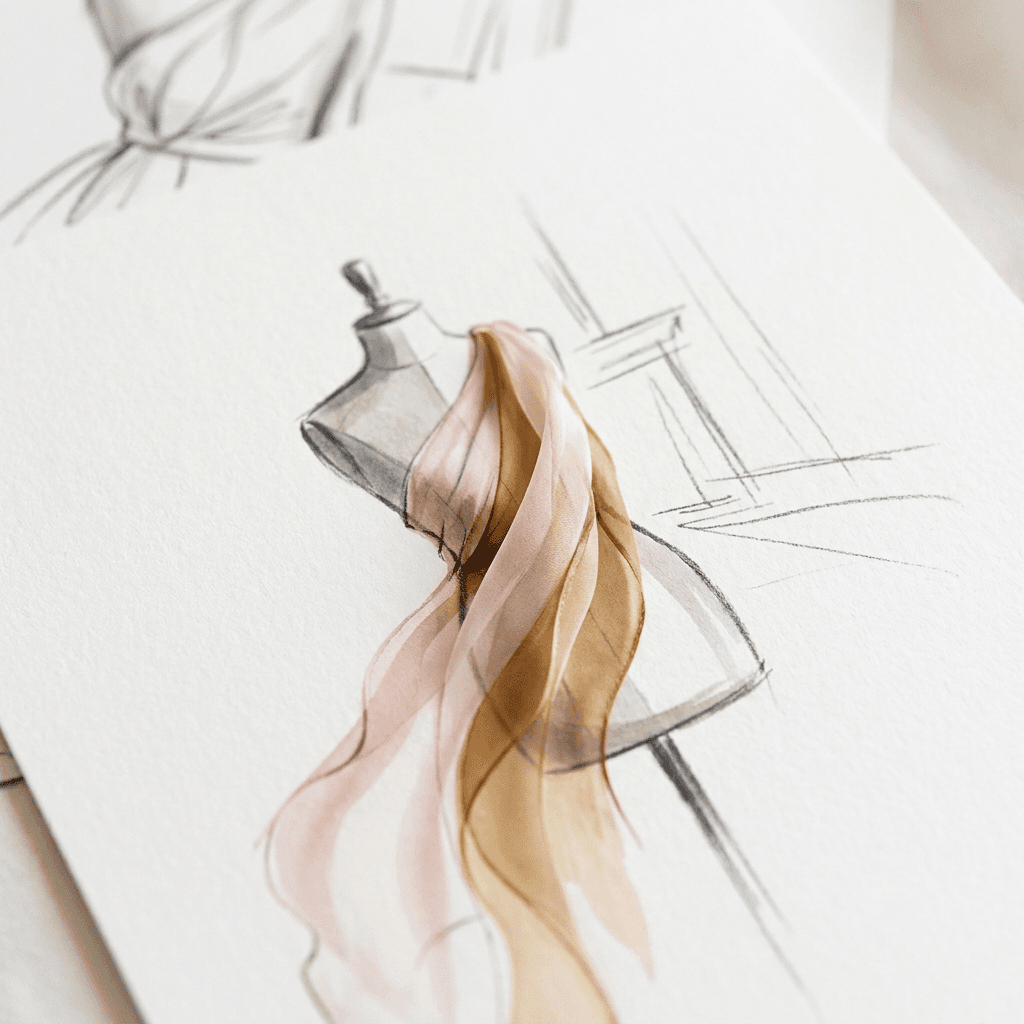 A dress form sketch draped in flowing blush and gold fabric, atelier study